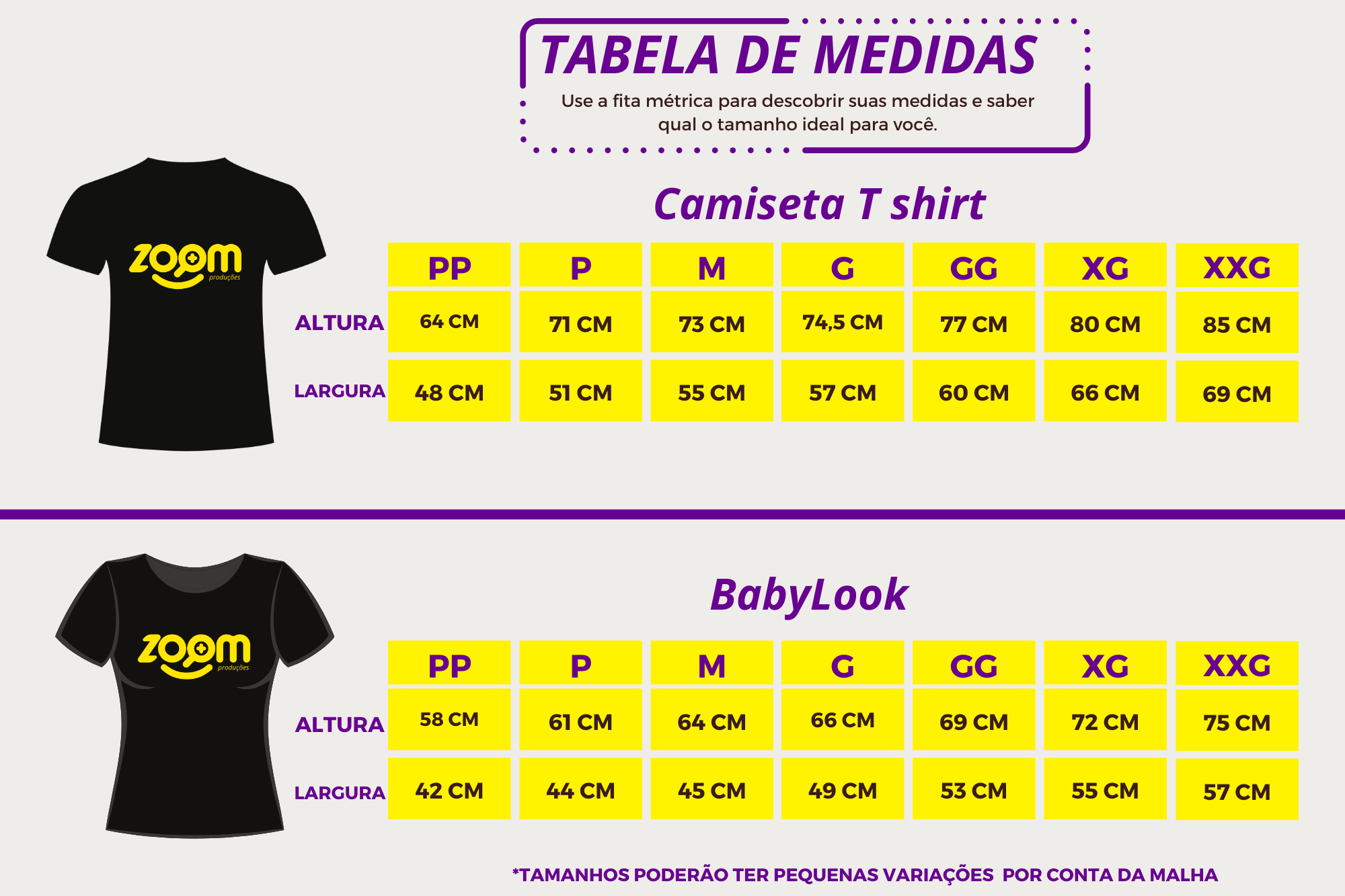 TABELA DE MEDIDAS CAMISAS ZOOM 